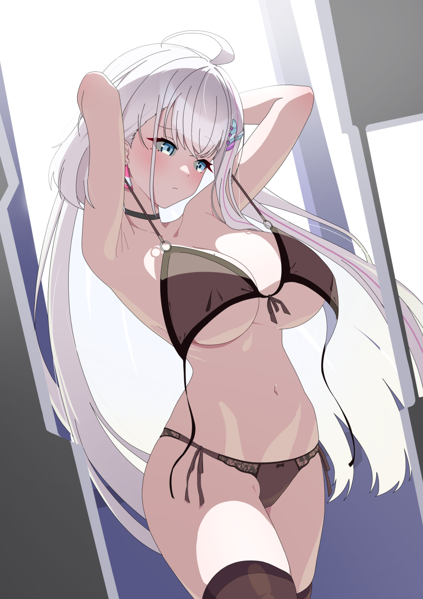 1girl absurdres ahoge armpits arms_behind_head black_choker blue_eyes bra breasts choker closed_mouth collarbone commission earrings ember_amane hair_ornament highres jewelry large_breasts long_hair mole mole_on_breast mole_under_eye multiple_moles navel panties phase_connect pink_hair pixiv_commission schwarz_rubin shadow solo stomach thighhighs underwear undone_bra virtual_youtuber white_hair