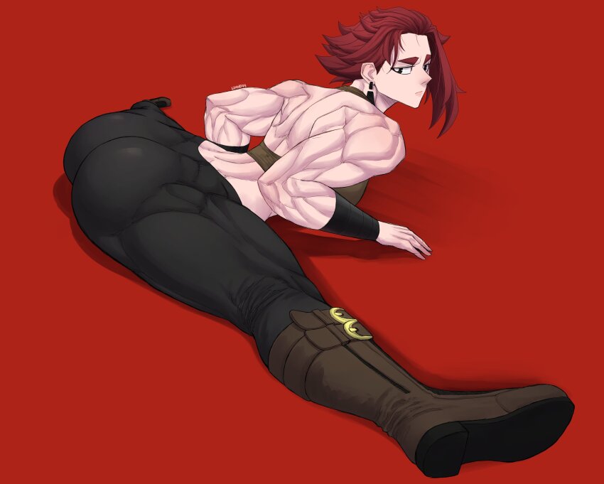 1girl absurdres ass boots highres limn044 muscular muscular_arms muscular_back muscular_female muscular_legs original pants red_background red_hair roxan_(limn044) short_hair solo stretching tight_clothes tight_pants