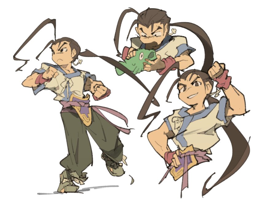 1boy animal brown_eyes brown_hair clenched_hands commentary english_commentary fei_fong_wong fighting_stance fingerless_gloves fish gloves grin hand_on_own_hip highres holding holding_animal holding_fish long_hair male_focus multiple_views open_mouth ponytail sash shirt smile sweatdrop temmie_chang xenogears