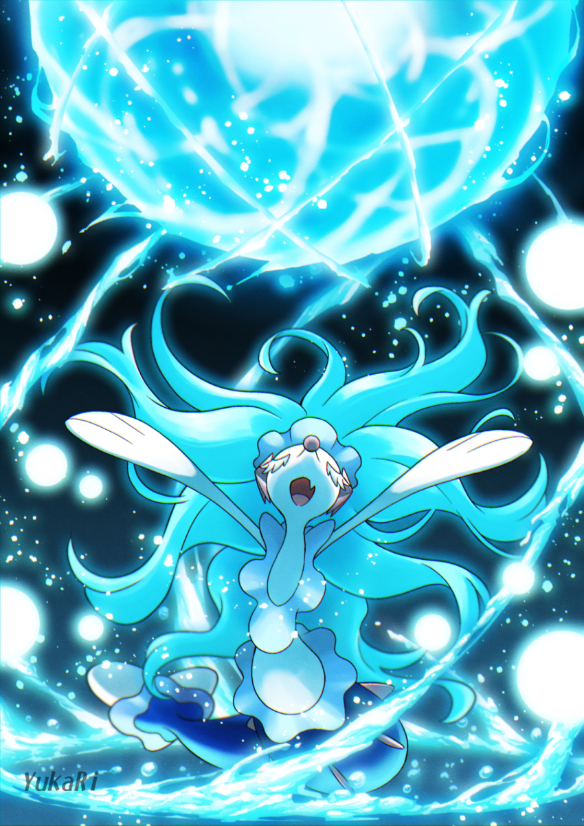 artist_name commentary_request fang gen_7_pokemon head_back highres nintendo no_humans open_mouth pokemon pokemon_(creature) primarina skin_fang solo tongue water watermark yukari_(yukari21653710)