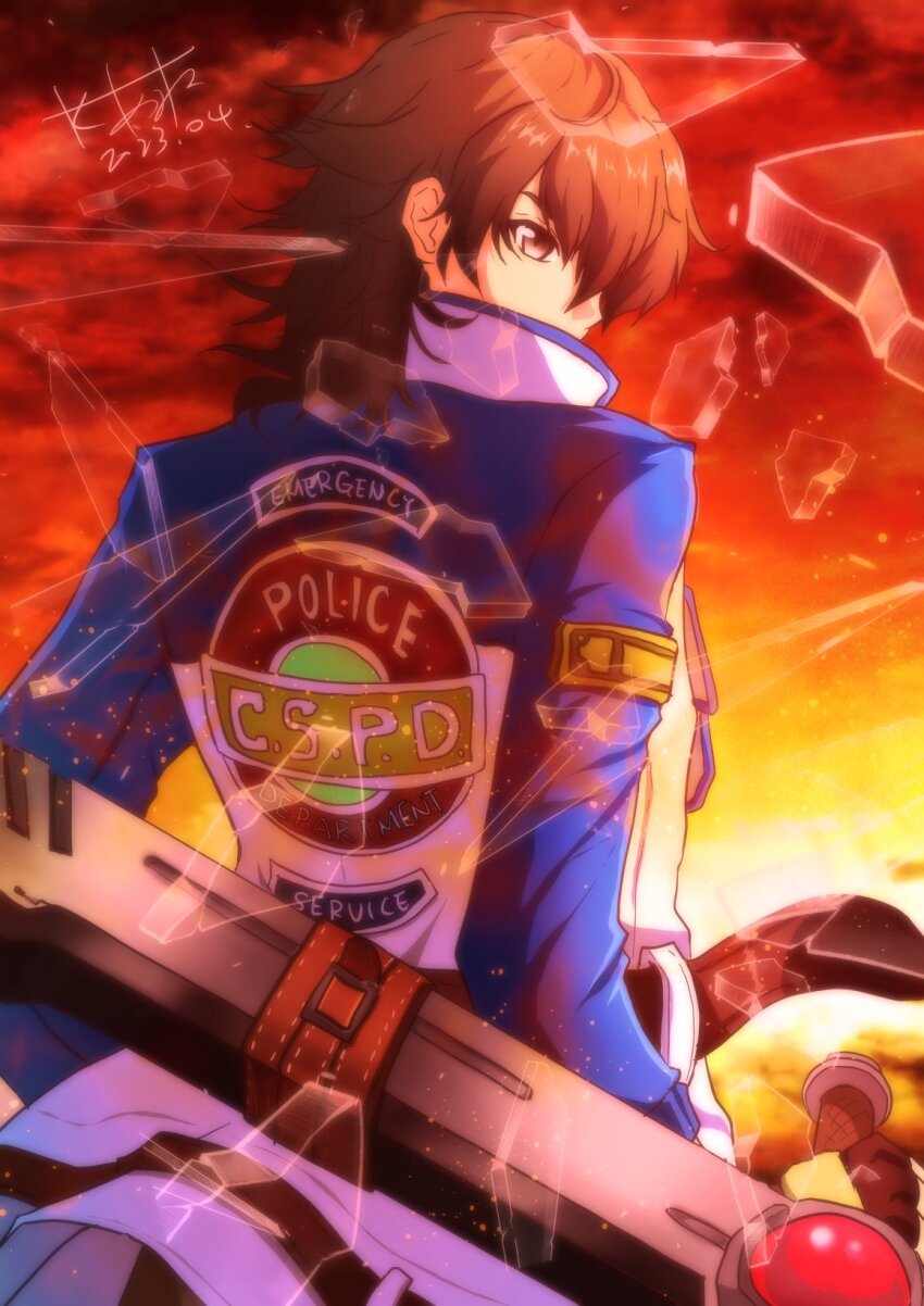 1boy akane_kazami ao_no_kiseki broken_glass brown_hair cloud dated eiyuu_densetsu glass glass_shards gradient_sky hair_between_eyes high_collar highres holding holding_weapon jacket lloyd_bannings logo mullet outdoors red_eyes signature sky solo sunset tonfa weapon zero_no_kiseki