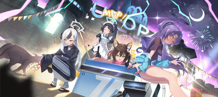 4girls absurdres animal_ear_fluff animal_ears apron aris_(blue_archive) aris_(maid)_(blue_archive) bare_legs black_choker black_dress black_gloves black_hair black_kimono black_shirt blue_archive blue_jacket blue_ribbon brown_hair castle cat choker closed_eyes closed_mouth demon_girl demon_horns dress drone ear_piercing fireworks fox_ears fox_girl gloves hair_behind_ear hair_ornament hairband hairclip highres holding holding_mop horns izuna_(blue_archive) jacket japanese_clothes kayoko_(blue_archive) kayoko_(new_year)_(blue_archive) kimono looking_at_viewer maid maid_apron maid_headdress mop multicolored_hair multiple_girls open_mouth partially_fingerless_gloves piercing pom_pom_(clothes) ponytail purple_eyes purple_hair red_eyes red_scarf ribbon scarf shirt sitting smile socks squatting super_h2o white_apron white_hairband white_socks yellow_eyes yuuka_(blue_archive) yuuka_(track)_(blue_archive)