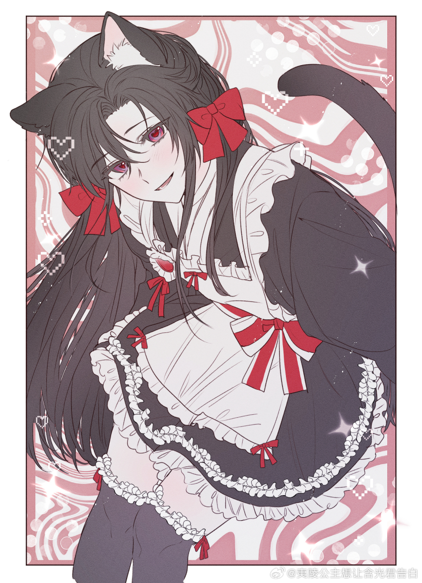 1boy alternate_costume animal_ears apron artist_request black_dress black_hair black_thighhighs blush bow cat_boy cat_ears cat_tail commission crossdressing dress frilled_apron frilled_dress frilled_thighhighs frills hair_bow hair_down hair_ribbon half_updo heart heart-shaped_pupils highres inset_border long_hair long_sleeves looking_at_viewer maid maid_apron male_focus modao_zushi official_alternate_hairstyle open_mouth pale_skin red_bow red_eyes red_sash ribbon sash second-party_source sidelocks smile solo sparkle symbol-shaped_pupils tail thighhighs trap watermark wei_wuxian wei_wuxian_(yiling_laozu) weibo_watermark white_apron zettai_ryouiki