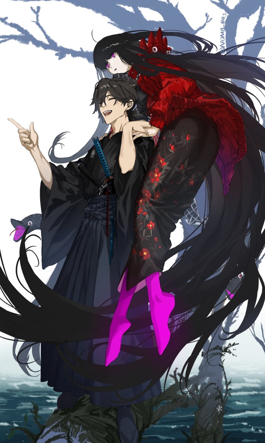 1boy 1girl absurdly_long_hair black_hair closed_mouth commentary_request dress fate/grand_order fate_(series) highres japanese_clothes katana kimono long_hair looking_at_viewer noma_brs oryou_(fate) oryou_(lancer)_(fate) ponytail sakamoto_ryouma_(fate) sakamoto_ryouma_(lancer)_(fate) smile sword very_long_hair weapon yellow_eyes