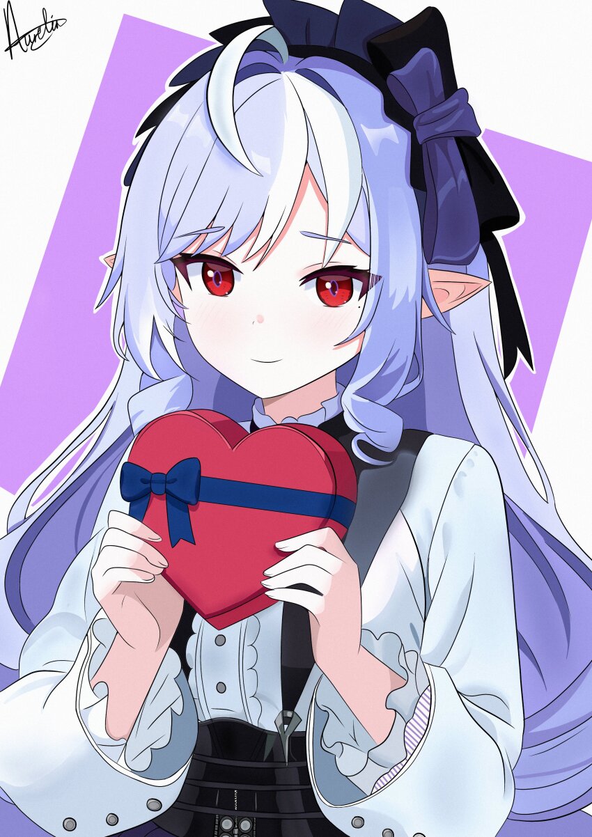 1girl absurdres ahoge aurelia88 black_skirt blue_bow blue_hair blush bow box center_frills closed_mouth commentary commission eyelashes film_grain frills gift hair_bow hair_intakes hands_up heart-shaped_box highres holding holding_gift long_hair long_sleeves looking_at_viewer mole mole_under_eye multicolored_hair outline pointy_ears purple_background purple_bow red_eyes shirt sidelocks signature simple_background skirt smile solo streaked_hair suspender_skirt suspenders two-tone_background upper_body very_long_hair vivian_banshee wavy_ends white_background white_hair white_outline white_shirt wide_sleeves zenless_zone_zero