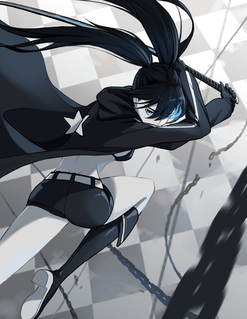 1girl absurdres belt bikini black_boots black_hair black_rock_shooter black_rock_shooter_(character) black_shorts blue_eyes boots chain flaming_eye highres katana long_hair pale_skin shorts solo star_(symbol) swimsuit sword trashpanda_11b twintails weapon
