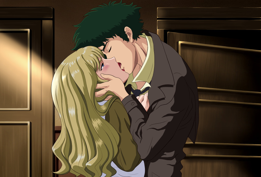 absurdres blonde_hair blue_eyes blush closed_eyes couple cowboy_bebop curly_hair green_hair highres julia_(cowboy_bebop) kiss spike_spiegel tongue