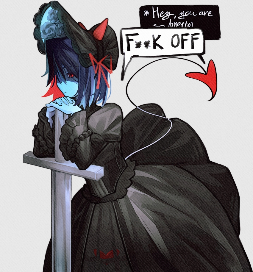 1other absurdres alternate_costume black_bonnet black_dress blue_hair blue_skin bonnet censored_profanity chinese_commentary colored_inner_hair colored_skin commentary_request cross deltarune dress english_text fake_horns gown hair_over_one_eye head_on_hands highres horns interlocked_fingers kris_(dark_world)_(deltarune) kris_(deltarune) long_sleeves lv_chan_cat multicolored_hair partial_commentary red_eyes red_hair red_horns tail two-tone_hair
