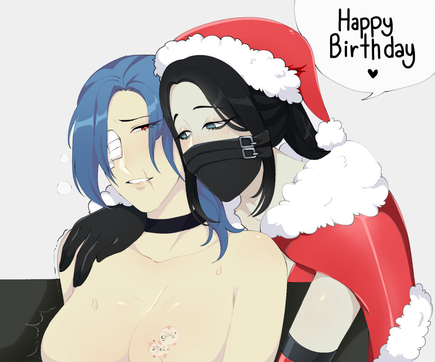 birthday_sex gloves hallow_(skullgirls) hat highres implied_fingering latex latex_gloves latex_suit nude primrose_graveyard santa_hat skullgirls sound_effects tagme valentine_(skullgirls) yuri