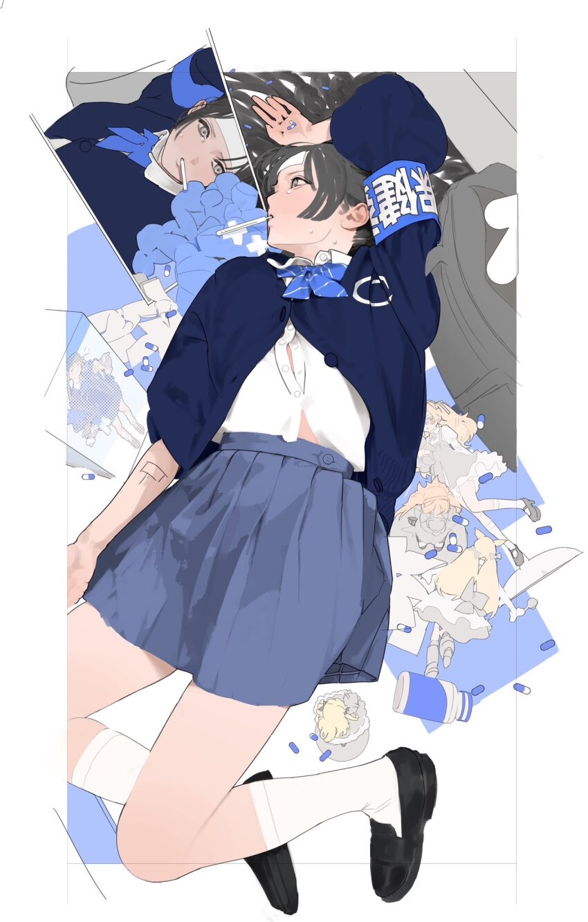 1girl arm_at_side arm_up armband black_cardigan black_footwear black_hair blue_armband blue_necktie border cardigan collared_shirt grey_eyes grey_skirt hair_down hair_spread_out highres holding holding_pill junro loafers looking_at_reflection lying midriff_peek mouth_hold necktie on_side open_cardigan open_clothes original partially_unbuttoned pill pleated_skirt reflection shirt shoes sick sideways sketch_background skirt sleeves_pushed_up socks sweat tearing_up thermometer white_border white_shirt white_socks wing_collar