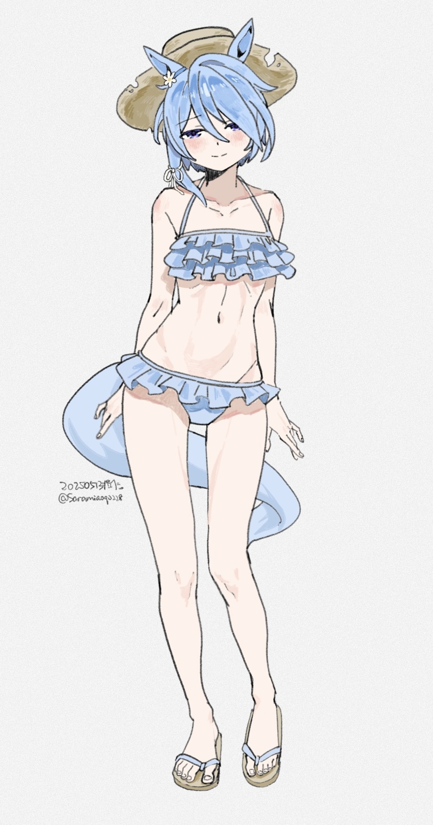 1girl animal_ears bare_shoulders bikini blue_bikini blue_hair blush collarbone commentary_request dated fingernails flip-flops flower frilled_bikini frills full_body grey_background hair_flower hair_ornament half-closed_eyes hat highres horse_ears horse_girl horse_tail k.s.miracle_(umamusume) looking_at_viewer navel purple_eyes sandals saramiao-chan smile solo standing stomach swimsuit tail toenails twitter_username umamusume