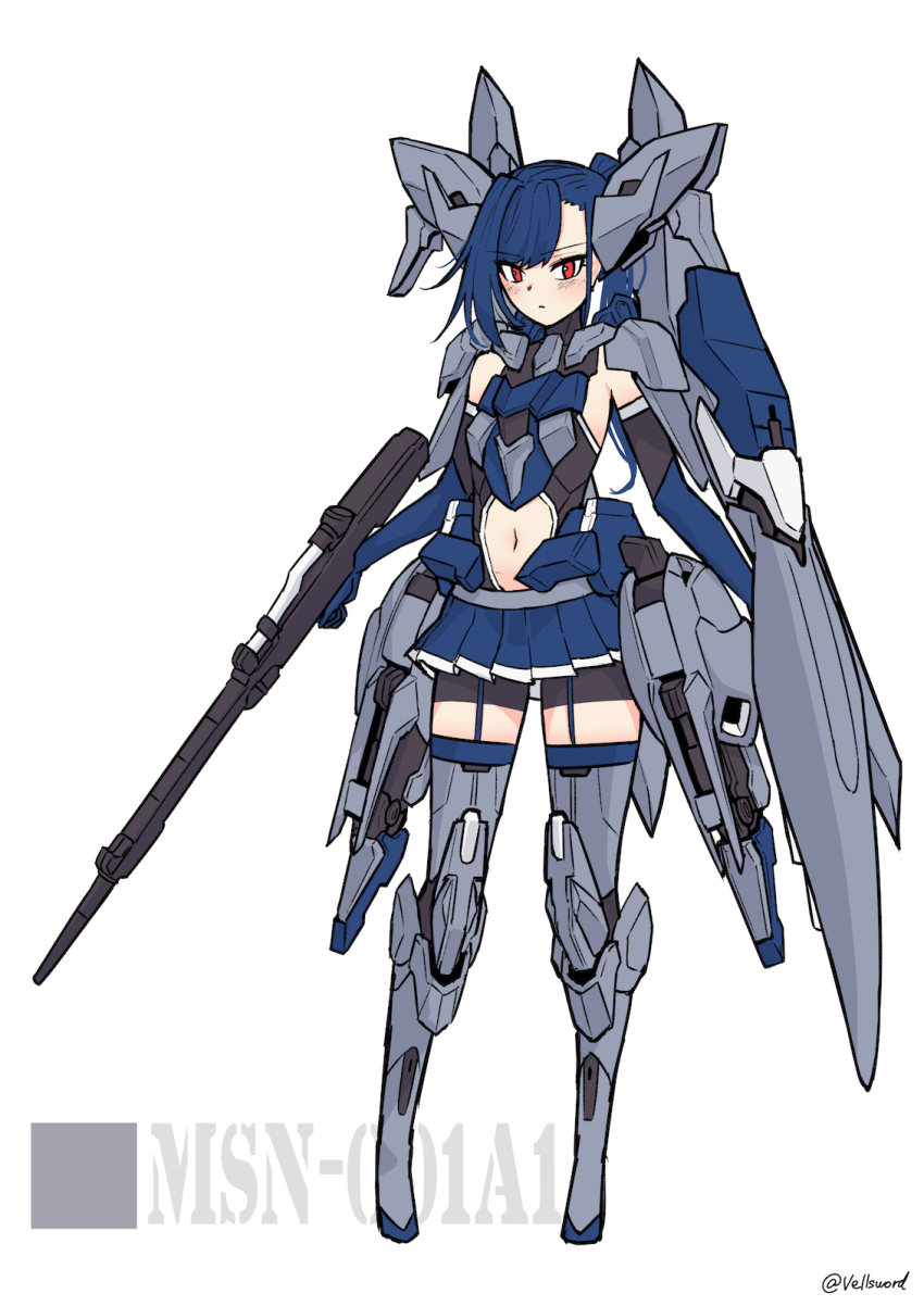 armpit_peek blue_hair blue_skirt clothing_cutout delta_plus elbow_gloves gloves gun gundam gundam_unicorn highres holding holding_gun holding_shield holding_weapon i.takashi long_hair looking_at_viewer mecha_musume navel personification ponytail red_eyes shield skirt solo stomach_cutout weapon