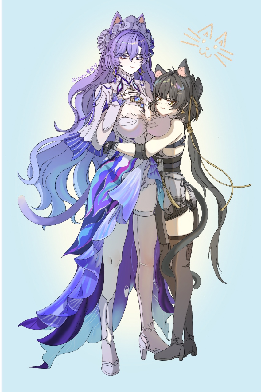 2girls :q absurdres animal_ear_fluff animal_ears asymmetrical_legwear bare_shoulders black_boots black_dress black_gloves black_hair black_shorts blue_background boots breasts cantarella_(wuthering_waves) cat_ears chinese_commentary closed_mouth commentary commentary_request dress earrings elbow_pads english_commentary female_rover_(wuthering_waves) full_body gloves hair_between_eyes hair_ribbon headdress high_heels highres hug jewelry kemonomimi_mode kneehighs korean_commentary large_breasts le_wen legwear_cutout long_hair looking_at_viewer low_ponytail mixed-language_commentary multiple_girls nail_polish ponytail purple_eyes purple_hair purple_nails ribbon rover_(wuthering_waves) shoes short_shorts shorts shrug_(clothing) single_kneehigh single_sock single_thighhigh sleeveless sleeveless_dress smile socks thigh_boots thighhighs thighs tongue tongue_out uneven_legwear very_long_hair white_dress white_shoes white_shrug white_socks white_thighhighs wuthering_waves yellow_eyes yellow_ribbon