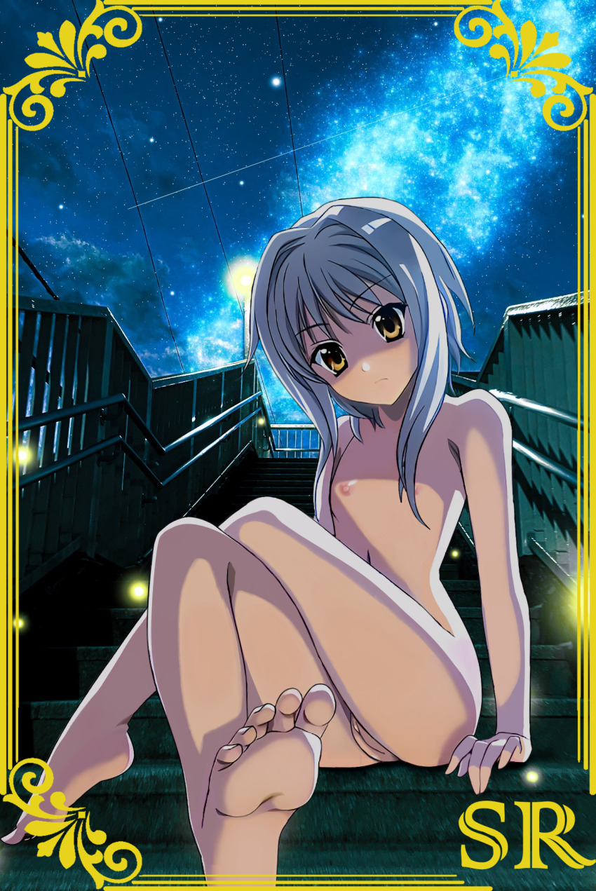 ass barefoot high_school_dxd highres nipples nude toujou_koneko white_hair yellow_eyes