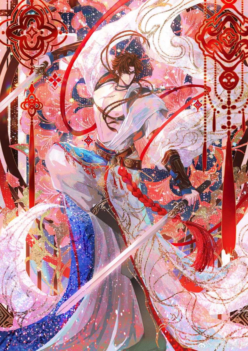 1boy absurdres arm_guards bare_pectorals belt black_boots black_choker blue_background blue_robe boots braid brown_belt brown_eyes brown_hair chest_harness chinese_clothes choker closed_mouth code:_kite curtained_hair dancing dual_wielding embroidery floral_background flower full_body grey_pants hanfu harness highres holding holding_sword holding_weapon jian_(weapon) knee_up light_particles long_hair long_sleeves looking_at_viewer male_focus mobile multicolored_clothes multiple_braids nipples open_clothes open_robe outstretched_arms pants parted_bangs pectorals red_flower red_shawl robe rope scar scar_on_chest shawl shimenawa smile snow234 solo standing standing_on_one_leg sun_ce_(code:_kite) sword tassel two-tone_robe underbust watermark weapon weibo_watermark white_robe wide_sleeves