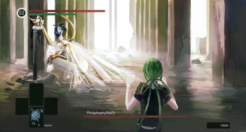 2girls absurdres dark_souls_(series) gold green_hair health_bar highres houseki_no_kuni jade_(houseki_no_kuni) jellyfish multiple_girls non-web_source ominous_shadow phosphophyllite phosphophyllite_(ll) sword video_game weapon