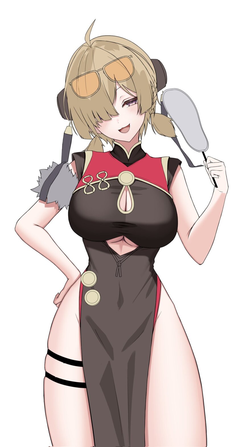 1girl black_dress breasts brown_hair china_dress chinese_clothes cleavage cleavage_cutout clothing_cutout cowboy_shot dress hair_over_one_eye hand_fan hand_on_own_hip hand_up head_tilt highres holding holding_fan kushinaka light_blush looking_at_viewer open_mouth simple_background sleeveless sleeveless_dress solo sweety_(zenless_zone_zero) thigh_strap underboob_cutout white_background zenless_zone_zero