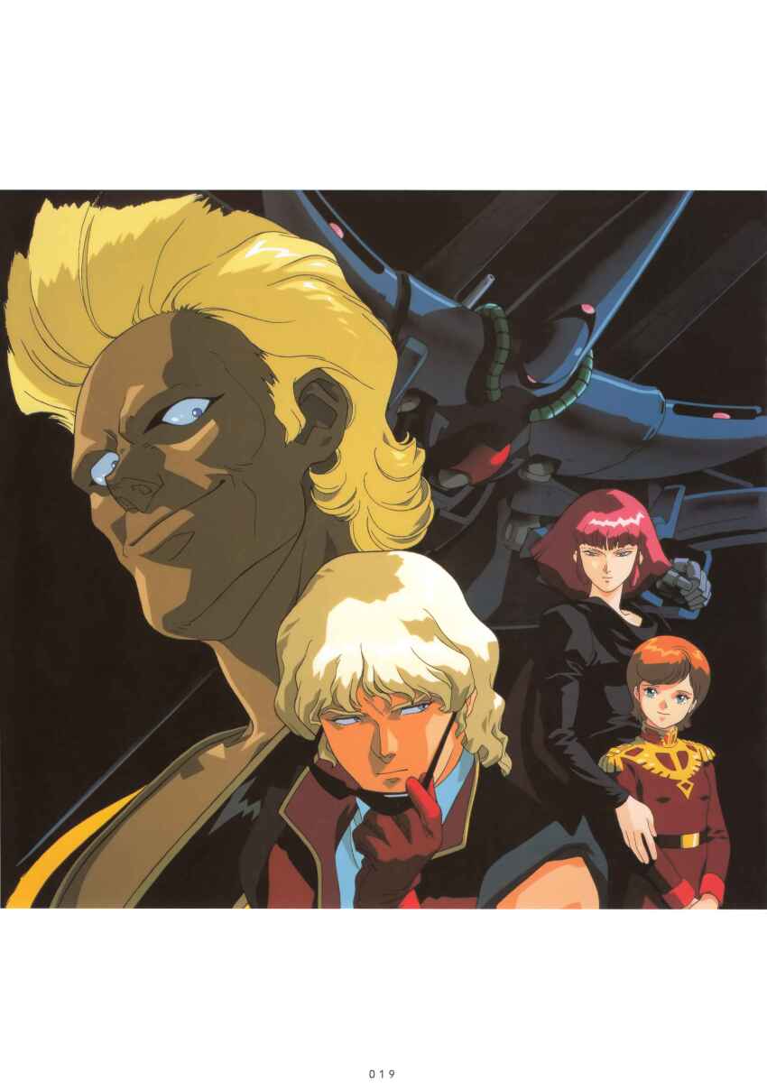 1980s_(style) 1990s_(style) 2boys 2girls absurdres aeug beam_cannon blonde_hair cable extra_eyes gloves gundam haman_karn hambrabi highres kitazume_hiroyuki looking_at_another machinery mecha military_uniform mineva_lao_zabi mobile_suit mullet multiple_boys multiple_girls neo_zeon official_art oldschool orange_hair pink_hair quattro_bajeena red_gloves removing_eyewear retro_artstyle robot scan science_fiction serious sideburns smirk sunglasses titans_(gundam) traditional_media vest yazan_gable zeta_gundam