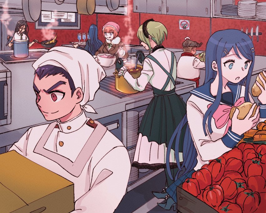 3boys 4girls :o :q ando_ruruka apron black_dress black_gloves black_hair blue_hair blue_sailor_collar bow bowtie brown_hair brown_jacket chef_hat collared_shirt cooking danganronpa:_trigger_happy_havoc danganronpa_(series) danganronpa_2:_goodbye_despair danganronpa_3_(anime) danganronpa_v3:_killing_harmony dress drill_hair food frying_pan fur_collar gloves green_necktie grey_jacket hair_ornament hairclip hanamura_teruteru hat highres holding holding_food holding_frying_pan holding_tray hope&#039;s_peak_academy_school_uniform ishimaru_kiyotaka jacket kamukura_izuru kitchen knife komaeda_nagito long_hair long_sleeves maid_headdress maizono_sayaka midori_(310ri_21) multiple_boys multiple_girls neck_ribbon necktie open_mouth pink_bow pink_bowtie pink_headwear plate potato red_apron red_eyes red_ribbon red_scarf ribbon sailor_collar scarf school_uniform shirogane_tsumugi shirt short_hair smile tongue tongue_out tojo_kirumi tray white_shirt