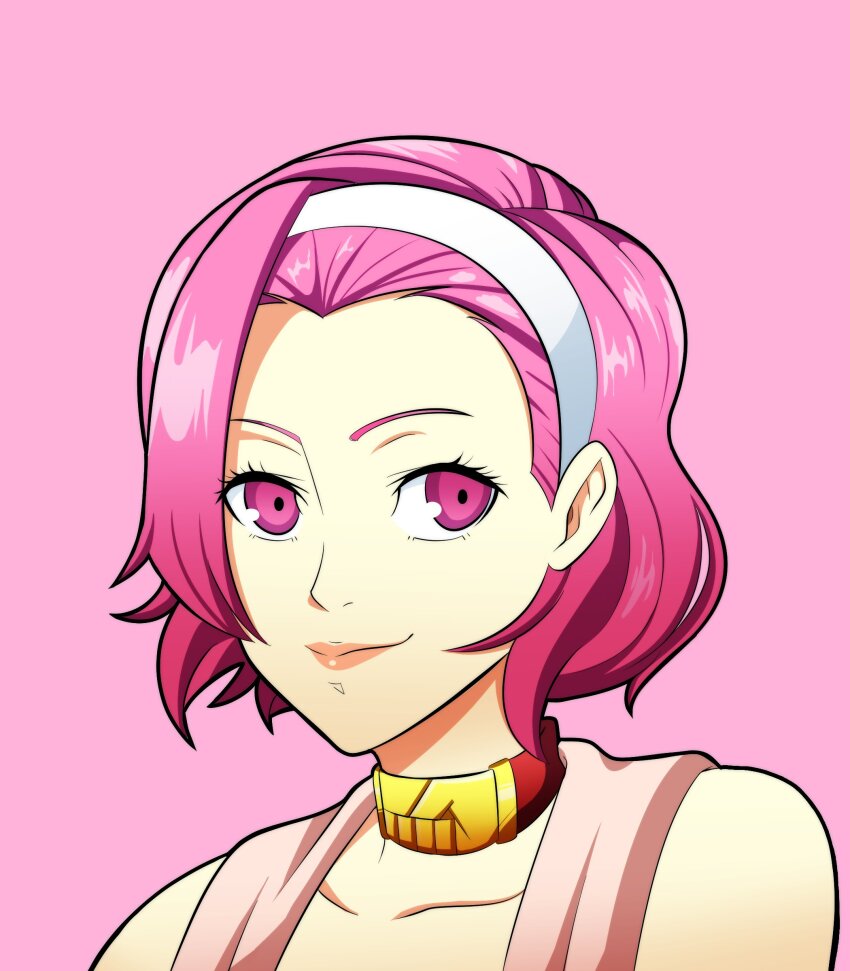 1girl absurdres choker collarbone commentary diamond_wa_kudakenai english_commentary hairband highres jojo_no_kimyou_na_bouken kermittend parody persona pink_background pink_eyes pink_hair portrait red_choker smile soejima_shigenori_(style) solo style_parody sugimoto_reimi white_hairband widow&#039;s_peak