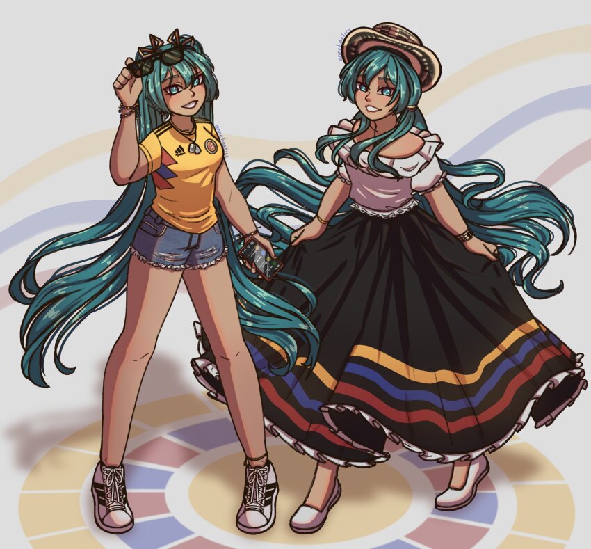 1girl blue_eyes blue_hair colombia colombian_clothes colombian_hat colombian_miku hair_ornament hatsune_miku highres long_hair shorts soccer_jersey twintails vocaloid yellow_eyes