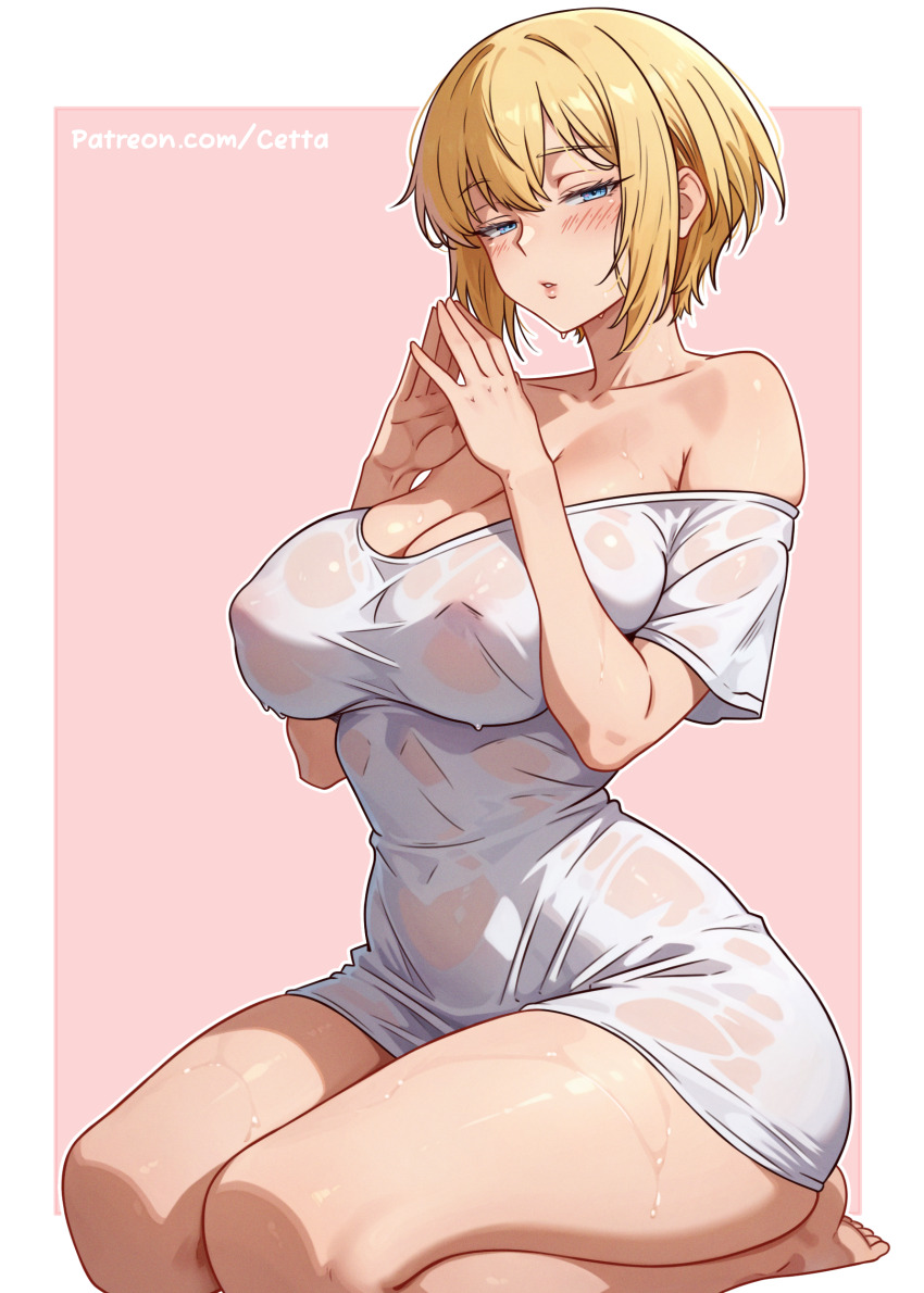 1girl absurdres bare_shoulders blonde_hair blue_eyes blush border breasts cleavage collarbone commentary covered_erect_nipples en&#039;en_no_shouboutai grey_background hair_between_eyes half-closed_eyes hands_up highres iris_(en&#039;en_no_shouboutai) iris_(enen_no_shouboutai) large_breasts looking_at_viewer no_bra no_pants outside_border patreon_username reus_(cetta) seiza shirt short_hair simple_background sitting solo steepled_fingers thighs watermark web_address wet wet_clothes wet_shirt white_border white_shirt