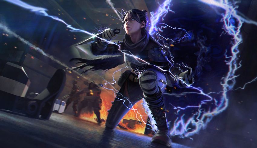 1girl 3boys apex_legends black_gloves black_hair blue_eyes electricity fire frown gibraltar_(apex_legends) gloves gun hair_behind_ear hair_bun highres holding holding_gun holding_knife holding_weapon hope&#039;s_dusk_(apex_legends) indoors knife leaning_forward mechanical_legs mirage_(apex_legends) multiple_boys octane_(apex_legends) on_one_knee parted_lips portal_(object) realistic shigeki_iwamoto single_hair_bun solo_focus weapon wraith_(apex_legends)