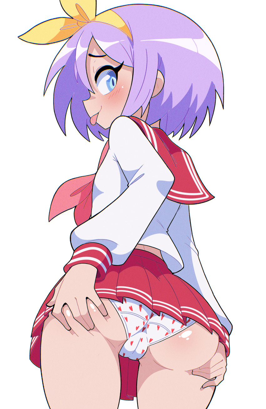 1girl absurdres ass ass_focus blush bow_hairband cameltoe chromatic_aberration film_grain flat_chest from_behind from_below grabbing_own_ass hairband heart heart_panties heart_print highres hiiragi_tsukasa huge_filesize loli long_sleeves looking_at_viewer looking_back lucky_star panties pink_serafuku pleated_skirt print_panties purple_hair red_sailor_collar red_skirt ryouou_school_uniform sailor_collar school_uniform self-upload serafuku shiny_skin shirt short_hair skirt solo spreading_own_ass tongue tongue_out underwear unepicroachy upskirt white_panties white_shirt yellow_hairband
