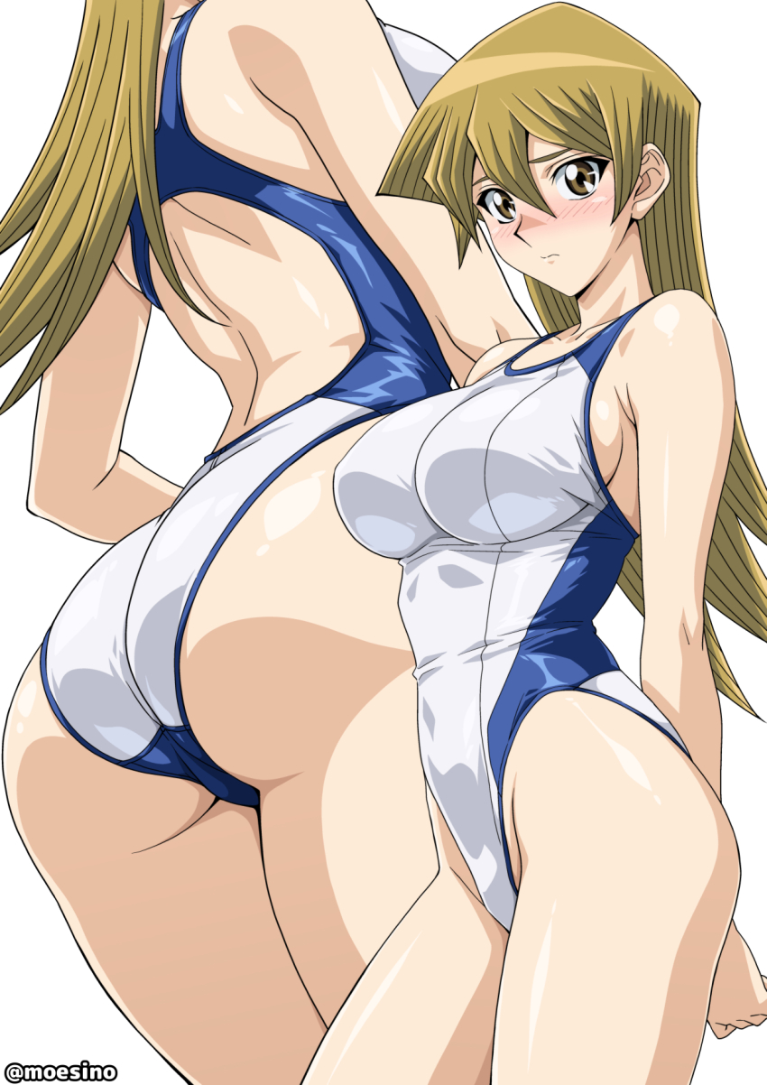 1girl ass blonde_hair breasts brown_eyes competition_swimsuit cosplay cowboy_shot hair_between_eyes head_out_of_frame highleg highleg_one-piece_swimsuit highres large_breasts long_hair looking_at_viewer moeshino multiple_views one-piece_swimsuit simple_background swimsuit tenjouin_asuka twitter_username white_background white_one-piece_swimsuit yu-gi-oh! yu-gi-oh!_gx