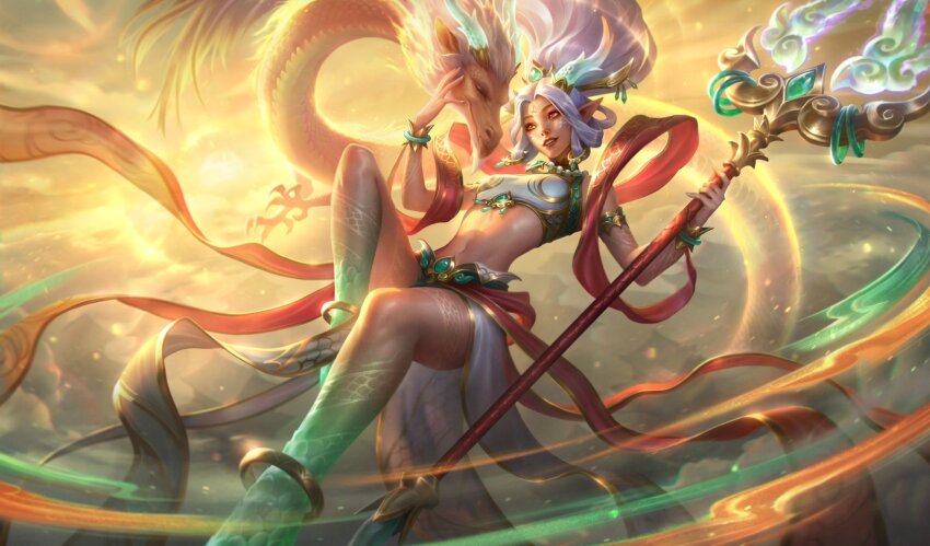 1girl anklet bracelet brown_eyes cloud dragon dragon_horns eastern_dragon facial_mark flying forehead_mark heavenscale_janna highres holding holding_staff horns janna_(league_of_legends) jewelry league_of_legends long_hair navel official_alternate_costume official_alternate_hairstyle official_art outdoors parted_bangs parted_lips pointy_ears sky smile solo staff stomach sunlight white_hair