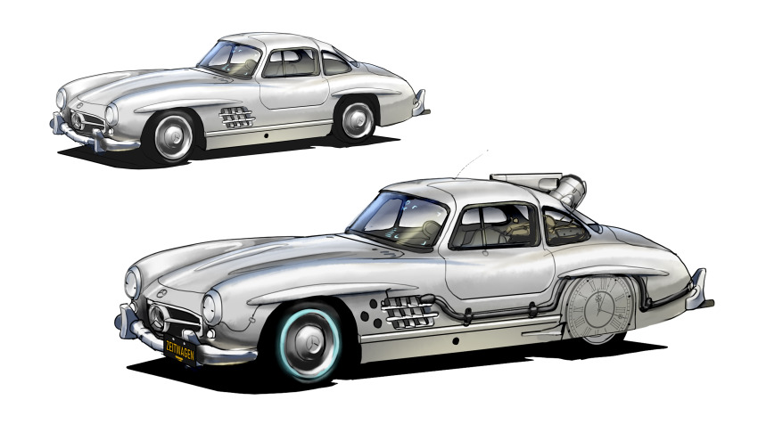 absurdres asterozoa back_to_the_future car from_side highres license_plate mercedes-benz mercedes-benz_300sl motor_vehicle no_humans original sports_car time_machine vehicle_focus white_background
