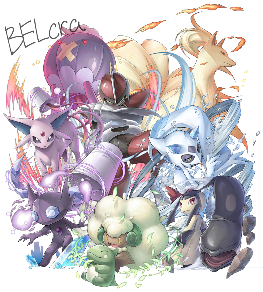 :d bisharp closed_mouth commentary_request drifblim espeon fire froslass gen_1_pokemon gen_2_pokemon gen_3_pokemon gen_4_pokemon gen_5_pokemon highres mawile ninetales nintendo no_humans open_mouth pokemon pokemon_(creature) pokemon_focus red_eyes sableye smile substitute_(pokemon) tongue waterlight whimsicott white_background
