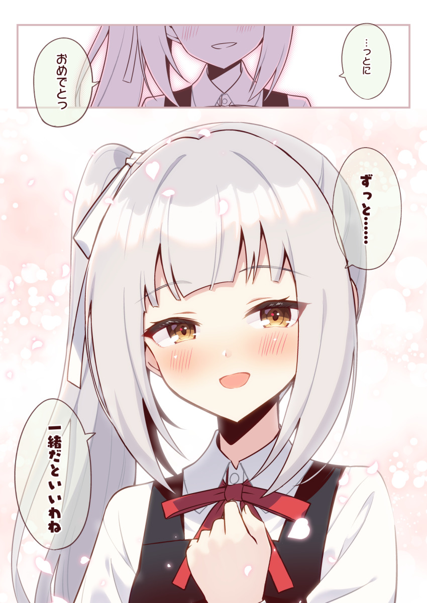 1girl blush check_translation cherry_blossoms commentary_request dress dress_shirt grey_hair hand_on_own_chest highres kantai_collection kasumi_(kancolle) kasumi_kai_ni_(kancolle) long_hair nueco open_mouth orange_eyes pinafore_dress red_ribbon ribbon shirt side_ponytail sidelocks sleeveless sleeveless_dress smile solo translation_request upper_body white_shirt