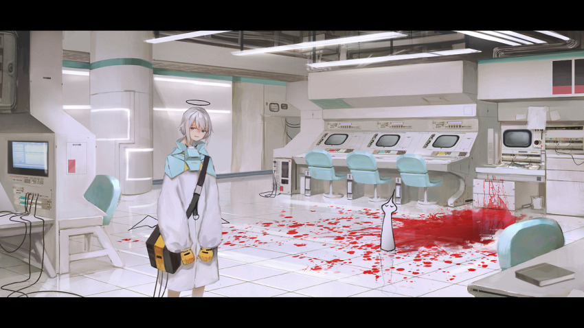 1girl bag blood blood_stain coat commentary_request creature gloves grey_hair halo indoors kanikumi_toi laboratory letterboxed looking_at_viewer low_wings machinery original smile solo wings
