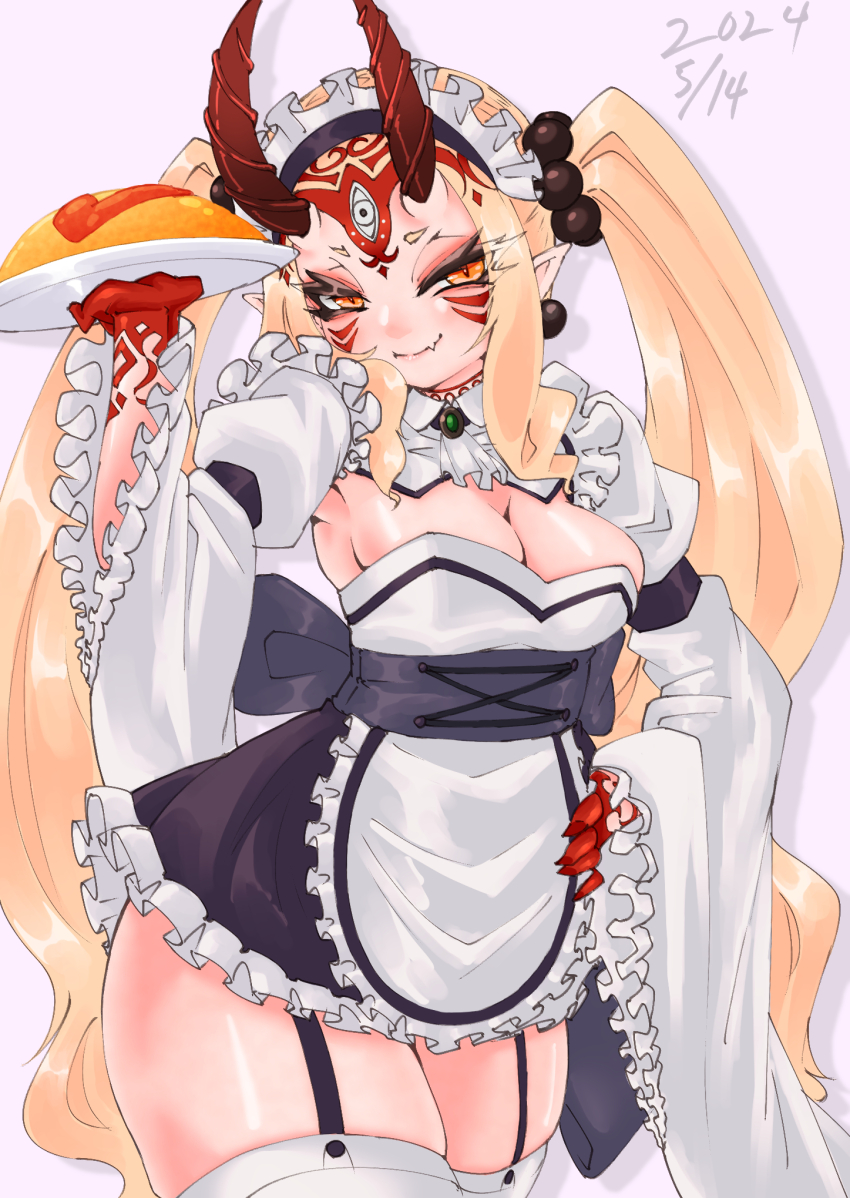 1girl alternate_costume arm_up armpits blonde_hair blush breasts cleavage closed_mouth colored_skin earrings enmaided facial_mark fang fate/grand_order fate_(series) frills garter_straps hair_ornament highres holding holding_tray horns ibaraki_douji_(fate) jewelry long_hair long_sleeves looking_at_viewer maid maid_headdress masakatsu_(xg-70b) medium_breasts oni orange_eyes puffy_sleeves red_skin simple_background skin_fang smile solo thighhighs thighs tray unconventional_maid very_long_hair white_background white_thighhighs zettai_ryouiki