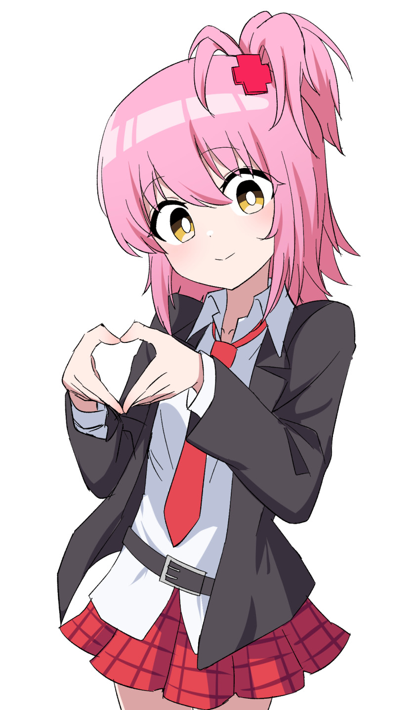belt black_belt black_jacket breasts checkered_clothes checkered_skirt guardian_chara hair_between_eyes heart heart_hands highres hinamori_amu jacket long_hair necktie pink_hair red_necktie red_skirt shirt shugo_chara! simple_background skirt small_breasts thighs user_scwy5773 white_background white_shirt yellow_eyes