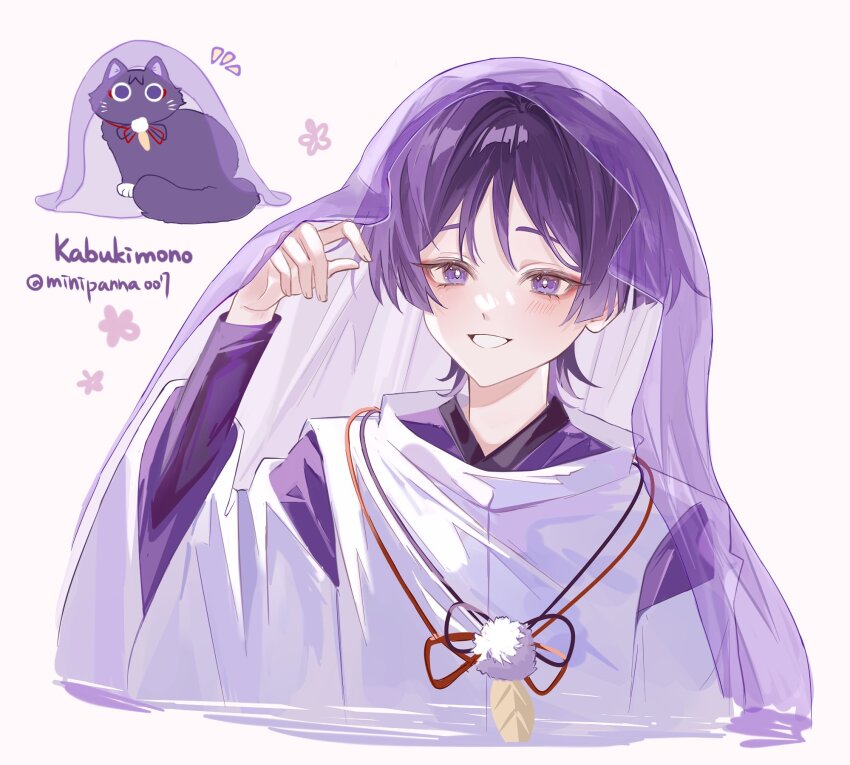 1boy animalization arm_at_side blunt_ends blush character_name clothing_cutout cropped_torso curled_fingers eyelashes eyeliner eyeshadow feathers fingernails genshin_impact hand_up highres japanese_clothes kariginu kimono layered_sleeves long_sleeves looking_at_viewer makeup male_focus minipanna007 notice_lines open_mouth person_and_animalization pink_veil pom_pom_(clothes) purple_cat purple_eyes purple_hair purple_kimono purple_sleeves red_eyeliner red_eyeshadow scaramouche_(cat)_(genshin_impact) scaramouche_(genshin_impact) scaramouche_(kabukimono)_(genshin_impact) see-through_clothes see-through_veil shoulder_cutout smile solo string twitter_username v-neck veil white_background white_mouth white_sleeves wide_sleeves yellow_feathers