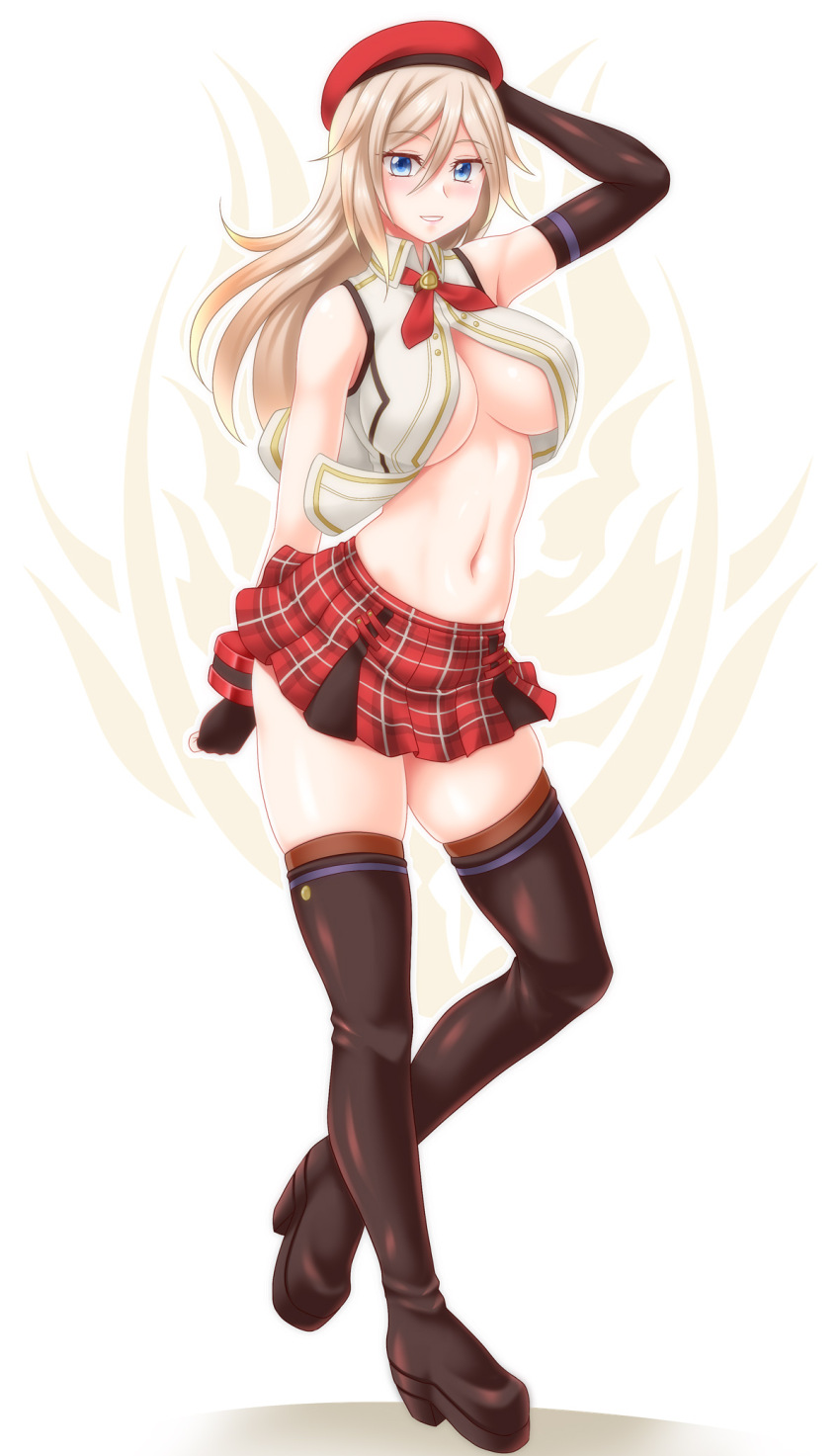 1girl alisa_ilinichina_amiella arm_up bare_shoulders beret black_boots black_gloves blue_eyes boots breasts brown_thighhighs collared_shirt commentary elbow_gloves fingerless_gloves full_body gloves god_eater god_eater_2:_rage_burst grey_hair hair_between_eyes hat highres large_breasts long_hair looking_at_viewer miniskirt navel neck_ribbon parted_lips partially_unbuttoned plaid_clothes plaid_skirt pleated_skirt red_ribbon red_skirt ribbon shadow shirt sidelocks single_elbow_glove skindentation skirt sleeveless sleeveless_shirt smile solo standing standing_on_one_leg stomach thigh_boots thighhighs underboob utomo white_shirt zettai_ryouiki