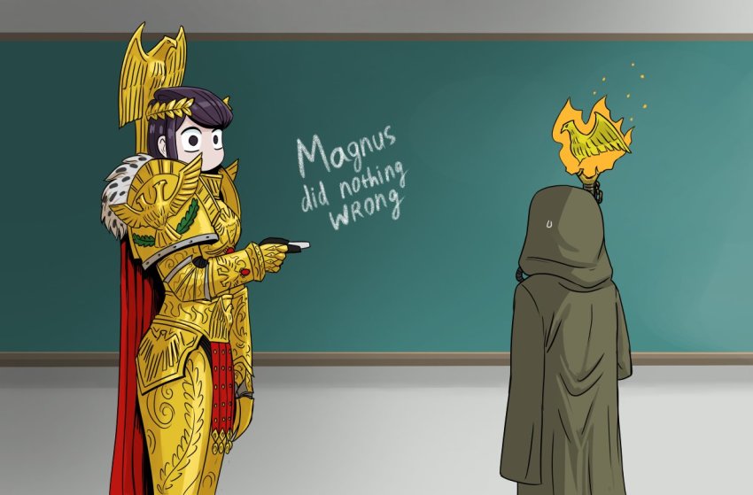 1girl 1other armor black_eyes black_hair cape chalkboard classroom cosplay emperor_of_mankind emperor_of_mankind_(cosplay) english_text flick-the-thief full_armor gauntlets gold_armor height_difference komi-san_wa_komyushou_desu komi_shouko laurel_crown meme no_mouth pauldrons red_cape shoulder_armor solo_focus staff standing warhammer_40k wide-eyed