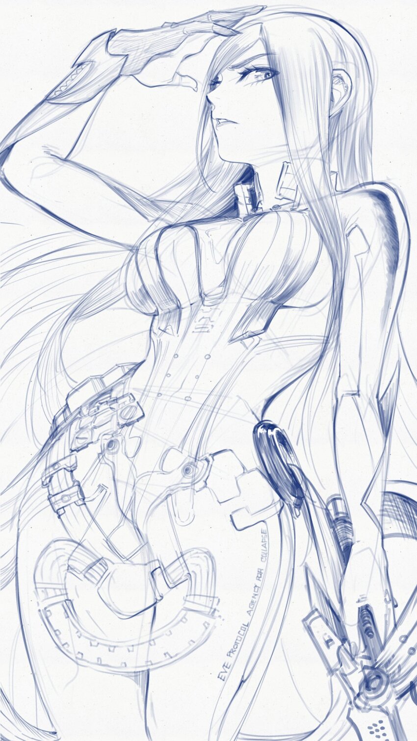 1girl black_bodysuit black_hair bodysuit breasts cleavage commentary english_commentary english_text from_below greyscale hand_on_own_head highres holding holding_sword holding_weapon large_breasts long_hair looking_at_viewer monochrome open_mouth raven_(stellar_blade) raven_suit_(stellar_blade) ravenhart sidelocks signature simple_background sketch skin_tight solo standing stellar_blade swept_bangs sword weapon white_background