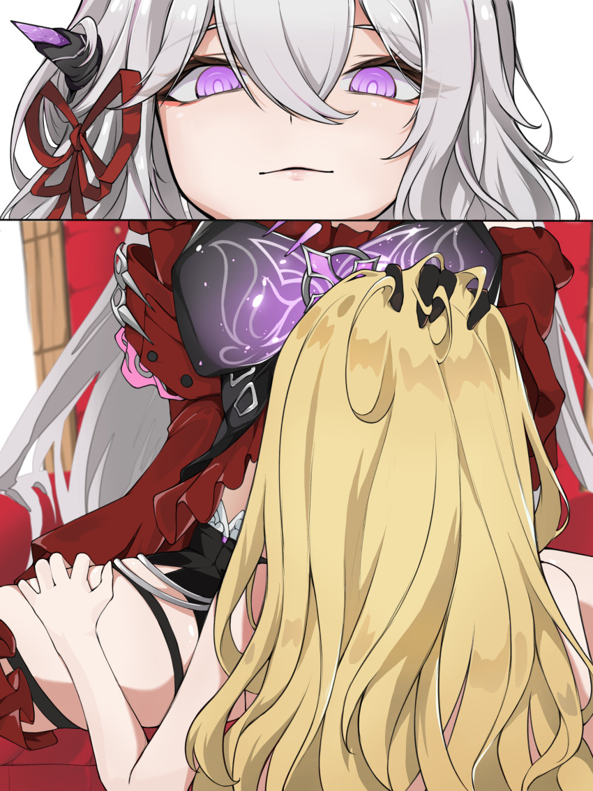 ! !! 2girls absurdres back blonde_hair from_behind highres honkai_(series) honkai_impact_3rd long_hair multiple_girls ovo_(user_fkke4228) pink_eyes songque spread_legs thelema_nutriscu thigh_strap thighs