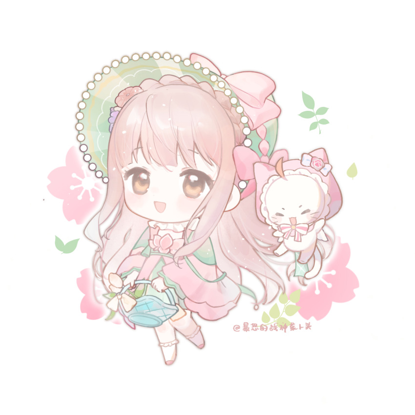 1girl =_= ahoge animal ankle_socks artist_name baonu_de_zhanshen_caibutou basket beads blunt_bangs bow bowtie braid brown_eyes cat cherry_blossoms chibi chinese_commentary cloak clothed_animal collared_shirt commentary_request crown_braid dress ear_covers eyelashes floral_background flower frilled_cloak frilled_hood frilled_shirt_collar frilled_socks frills green_bonnet hair_flower hair_ornament hat hat_bow hat_flower highres holding holding_basket hood hood_up hooded_cloak infinity_nikki leaking light_blush light_particles long_hair long_sleeves looking_at_viewer loose_hair_strand medium_dress momo_(nikki) nikki_(nikki) nikki_(series) official_alternate_costume open_mouth pink_bow pink_cloak pink_dress pink_flower pink_hair pink_rose pink_shoes purple_flower rose shirt shirt_under_dress shoes sidelocks single_stripe smile socks square_neckline striped_bow striped_bowtie striped_clothes tareme very_long_hair white_background white_bow white_bowtie white_cat white_shirt white_socks wide_sleeves
