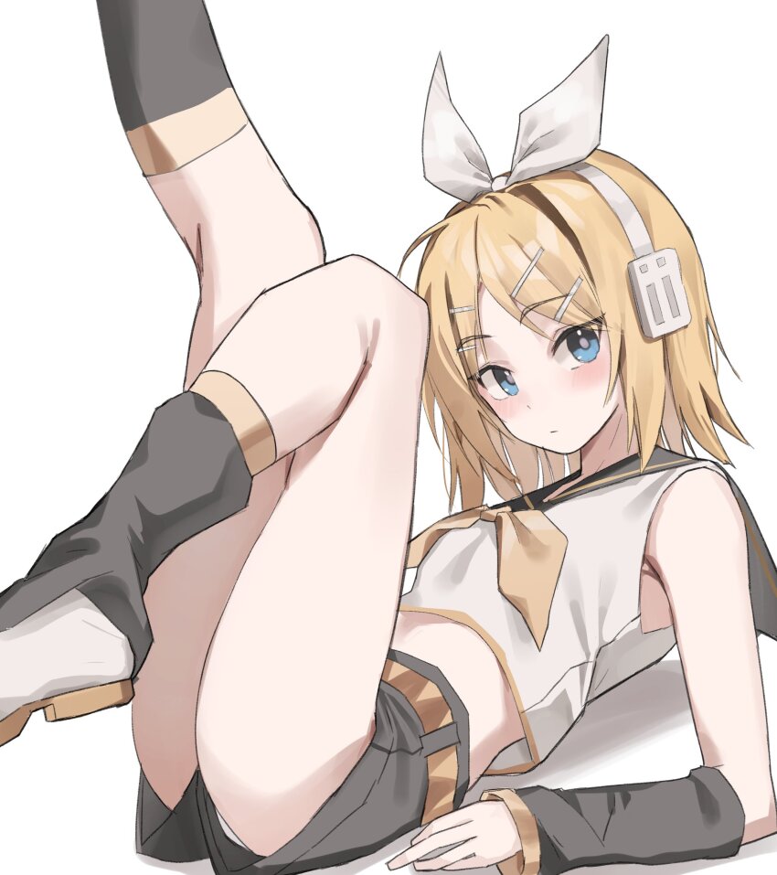 1girl absurdres black_leg_warmers black_sailor_collar black_shorts black_sleeves blonde_hair blue_eyes bow closed_mouth detached_sleeves dot_mouth dot_nose expressionless feet_out_of_frame hair_bow hair_ornament hairclip headphones highres kagamine_rin leg_warmers legs_up lying midriff neckerchief on_back panties pantyshot parallel_hairclips sailor_collar scarlet_(wv0102) school_uniform shirt short_hair shorts simple_background solo underwear vocaloid white_background white_bow white_panties white_shirt yellow_neckerchief