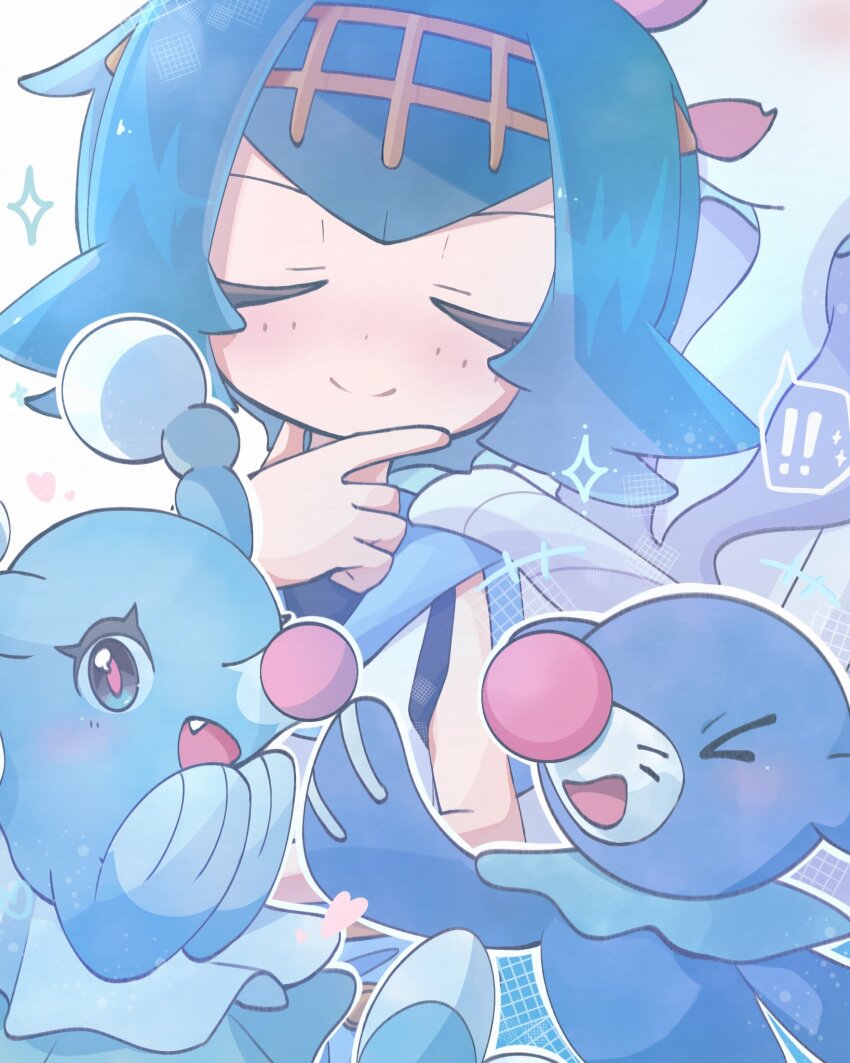 ! !! &gt;_&lt; 1girl blue_eyes blue_hair brionne closed_eyes closed_mouth commentary_request evolutionary_line fang gen_7_pokemon heart highres lana_(pokemon) nintendo open_mouth pokemon pokemon_(creature) pokemon_sm popplio primarina short_hair sleeveless smile soke_sa