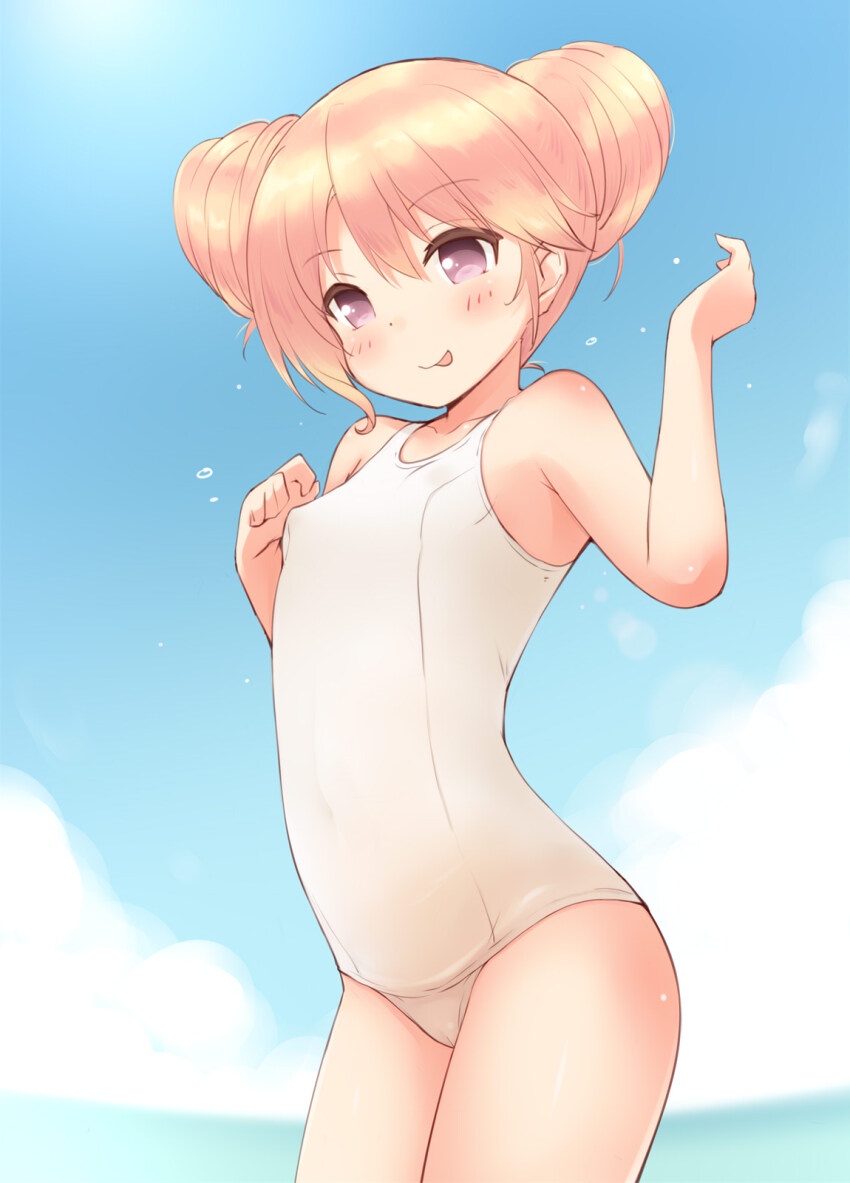 1girl blue_sky breasts cloud double_bun hair_bun highres iris_mysteria! ladis_(iris_mysteria!) ocean one-piece_swimsuit purple_eyes school_swimsuit sky small_breasts smile swimsuit tongue tongue_out white_one-piece_swimsuit yuu_(yumezakura)