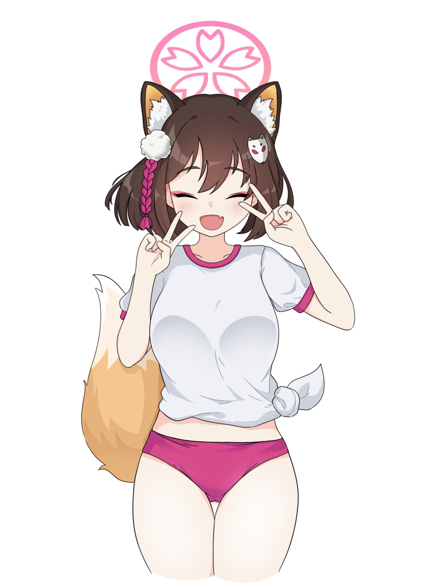 1girl :d alternate_breast_size animal_ear_fluff animal_ears blue_archive blush breasts brown_hair buruma closed_eyes collarbone commentary cowboy_shot cropped_torso double-parted_bangs double_v eyeliner fang film_grain fox_ears fox_girl fox_tail gluteal_fold gym_uniform hair_between_eyes hair_ornament halo hands_up highres hrna izuna_(blue_archive) makeup medium_breasts medium_hair midriff open_mouth pink_buruma pink_halo shirt short_sleeves sidelocks simple_background skin_fang smile solo tail thigh_gap thighs tied_shirt v white_background white_shirt