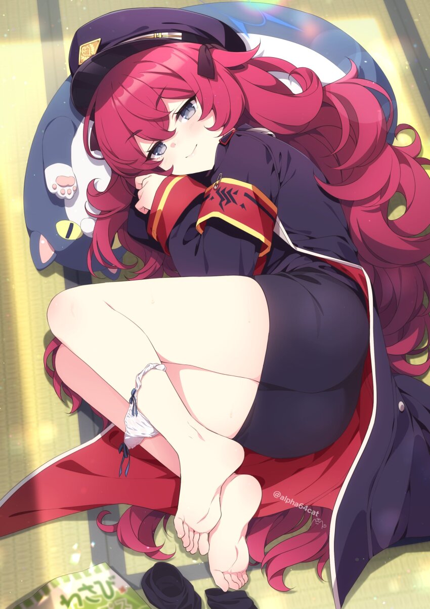 1girl absurdres alpha_(yukai_na_nakamatachi) armband barefoot black_coat black_hat black_skirt black_socks blue_archive blue_halo blush closed_mouth coat grey_eyes hair_between_eyes halo hat highres indoors iroha_(blue_archive) long_hair long_sleeves panties panty_pull peaked_cap red_armband red_hair safety_pin signature skirt smile socks soles solo tatami toes twitter_username underwear unworn_socks white_panties