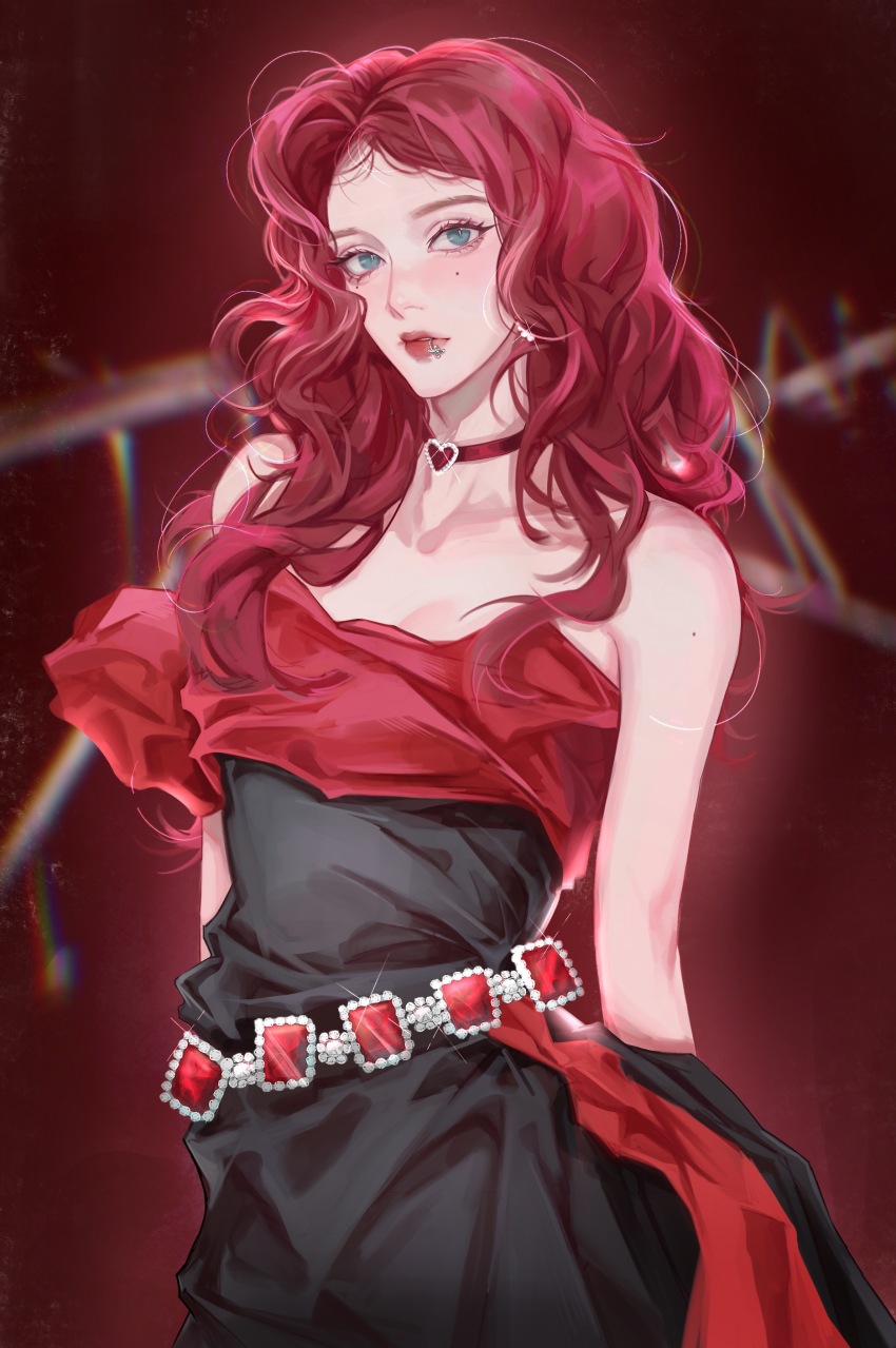 1girl absurdres aespa anticoco belt black_dress blue_eyes blush breasts choker cleavage collarbone cowboy_shot dress face_piercing heart heart_choker highres k-pop lip_piercing long_hair medium_breasts mole mole_on_arm mole_under_eye multicolored_dress piercing real_life red_background red_choker red_dress red_hair red_lips solo strapless strapless_dress winter_(aespa)