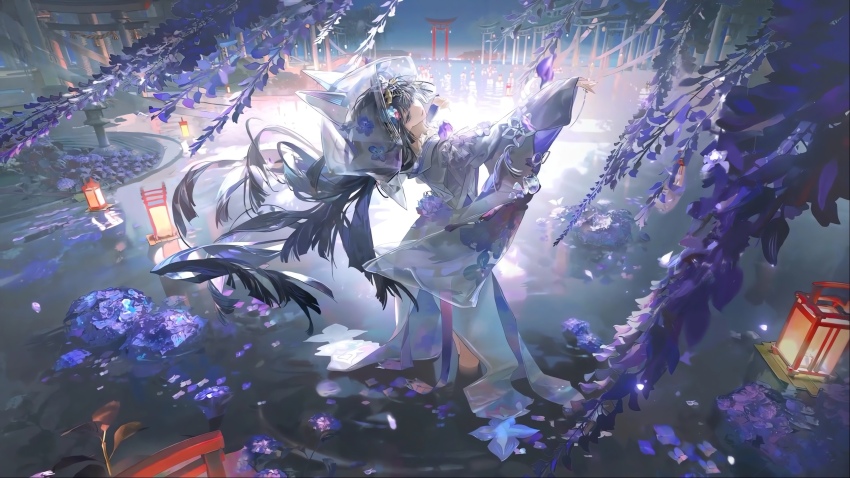 1girl absurdres alternate_costume evening floral_print floral_print_kimono flower full_body highres japanese_clothes kimono lantern light_smile looking_at_viewer looking_back multiple_torii official_alternate_costume official_art paper_lantern print_kimono punishing:_gray_raven ripples see-through_clothes see-through_headwear selena:_pianissimo_(pgr) selena_(pgr) smile solo torii uchikake water