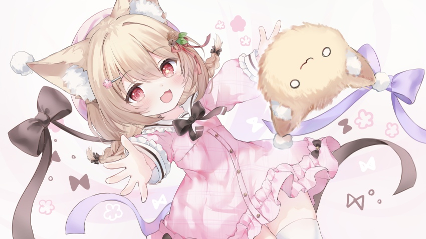1girl :d absurdres animal_ear_fluff animal_ears beret black_bow bow braid brown_hair cat_ears commentary_request commission dress flower frilled_sleeves frills grey_background hair_between_eyes hair_flower hair_ornament hairclip hanamura_lily hat highres long_sleeves low_twintails open_mouth original outstretched_arms pink_dress pink_flower pink_hat puffy_long_sleeves puffy_sleeves red_eyes rucaco skeb_commission smile solo star-shaped_pupils star_(symbol) symbol-shaped_pupils thighhighs twin_braids twintails white_thighhighs
